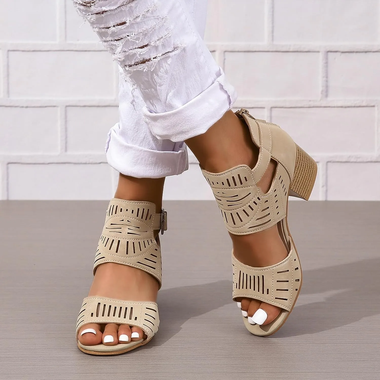 SACFOF Sandals for Women Dressy Summer Peep Toe Slingback Chunky Stacked Heel Ankle Booties Ankle Buckle Strap Sandals