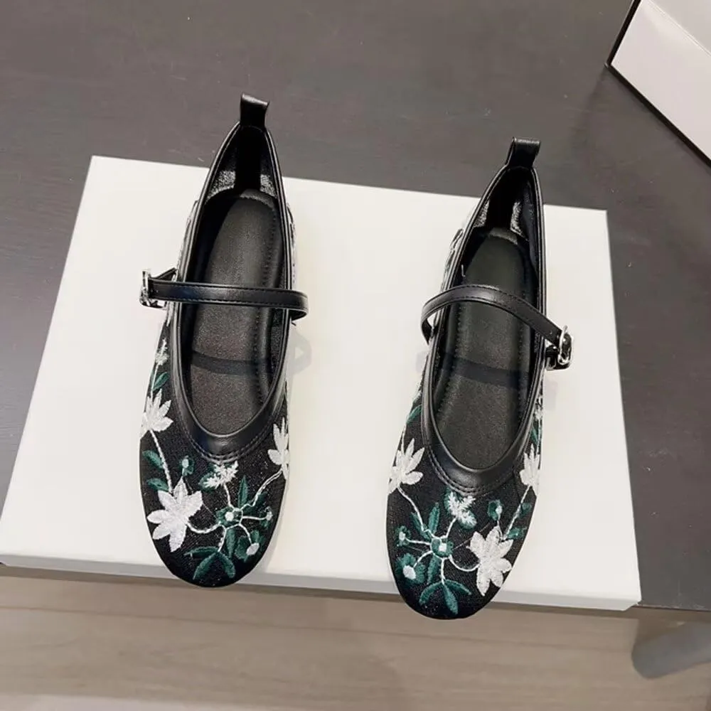 SAILING LU Women's Round Toe Embroidered Ballet Flats Retro Dressy Buckle Flat Shoes Elegant Wedding Soft Slip-Ons for Women