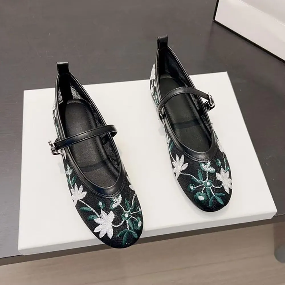 SAILING LU Women's Round Toe Embroidered Ballet Flats Retro Dressy Buckle Flat Shoes Elegant Wedding Soft Slip-Ons for Women