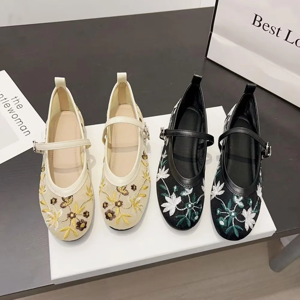 SAILING LU Women's Round Toe Embroidered Ballet Flats Retro Dressy Buckle Flat Shoes Elegant Wedding Soft Slip-Ons for Women