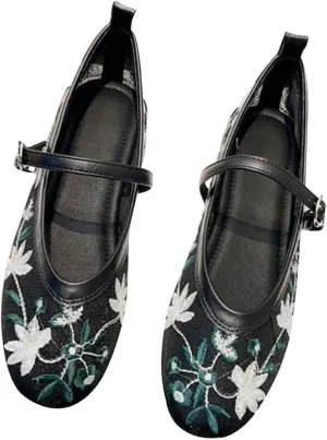 SAILING LU Women's Round Toe Embroidered Ballet Flats Retro Dressy Buckle Flat Shoes Elegant Wedding Soft Slip-Ons for Women