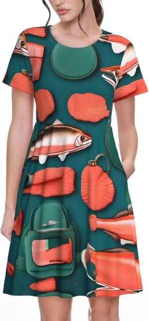 Salmon Pattern Womens Summer Dress Casual Swing Short Sleeve Sundresses for Daily Wear, Shopping