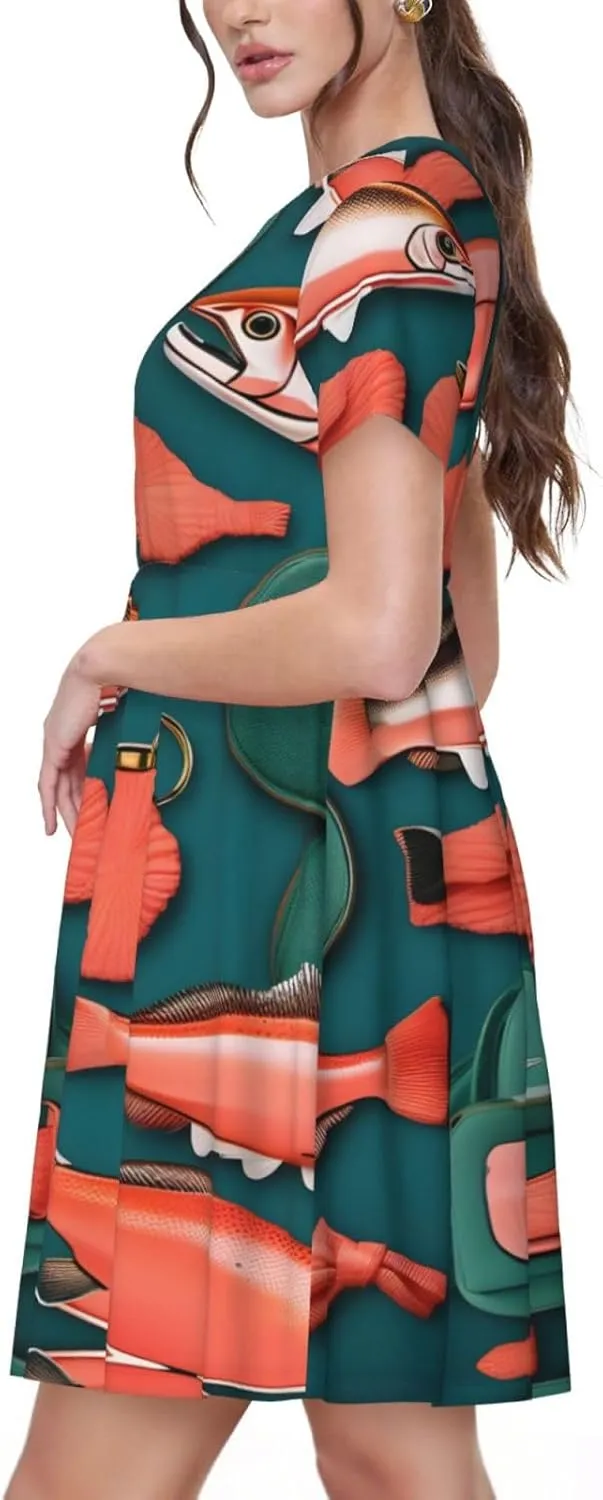 Salmon Pattern Womens Summer Dress Casual Swing Short Sleeve Sundresses for Daily Wear, Shopping
