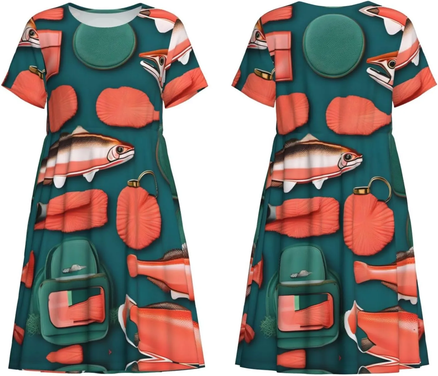 Salmon Pattern Womens Summer Dress Casual Swing Short Sleeve Sundresses for Daily Wear, Shopping