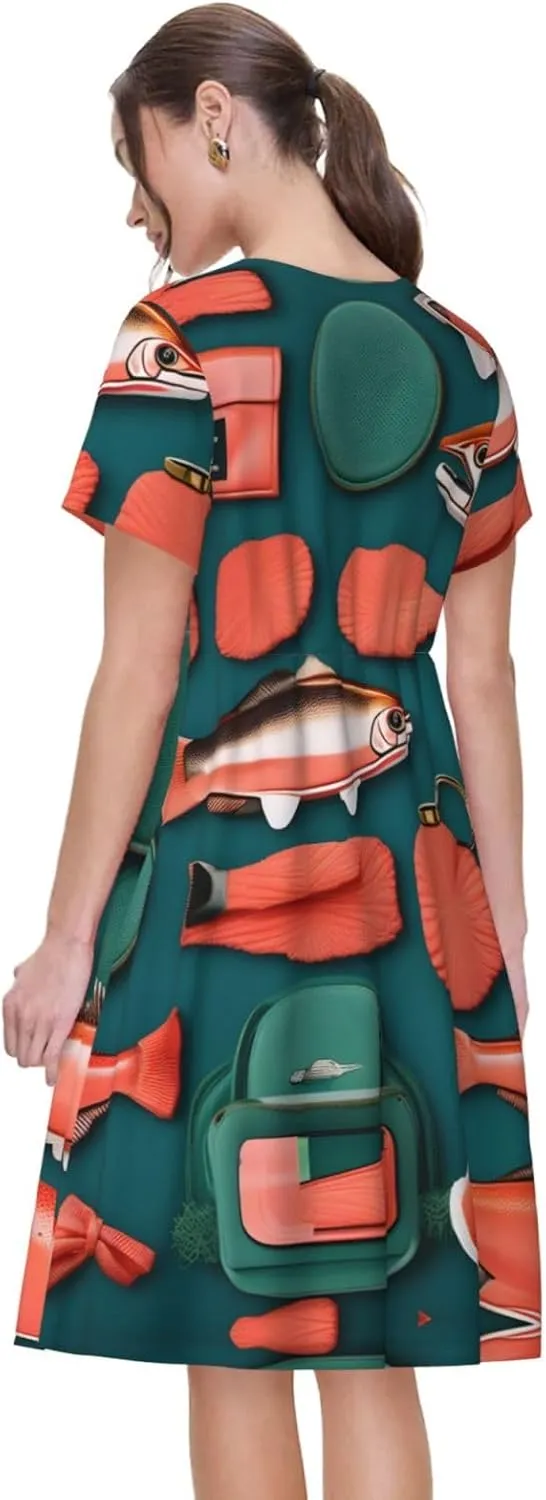 Salmon Pattern Womens Summer Dress Casual Swing Short Sleeve Sundresses for Daily Wear, Shopping