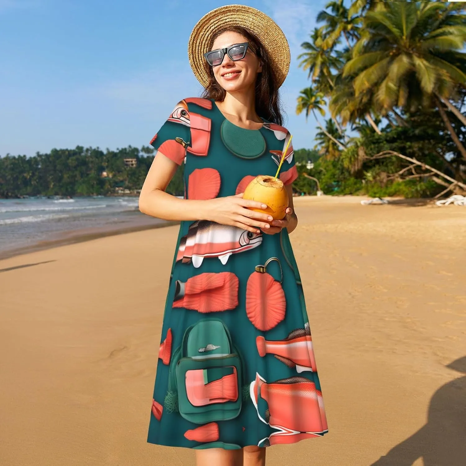 Salmon Pattern Womens Summer Dress Casual Swing Short Sleeve Sundresses for Daily Wear, Shopping