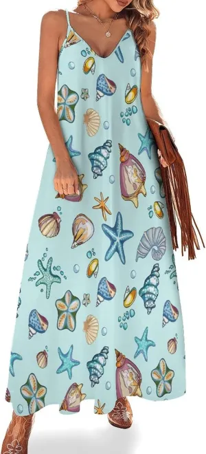 Sea Shells A Long Summer Dresses for Women 2025 Summer Maxi Dresses Flowy Spaghetti Strap Sundress