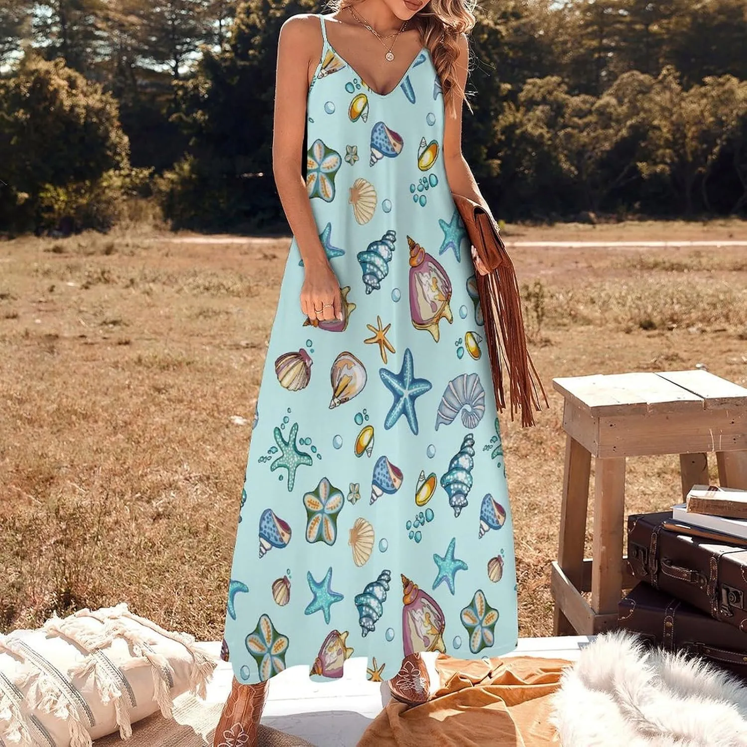 Sea Shells A Long Summer Dresses for Women 2025 Summer Maxi Dresses Flowy Spaghetti Strap Sundress