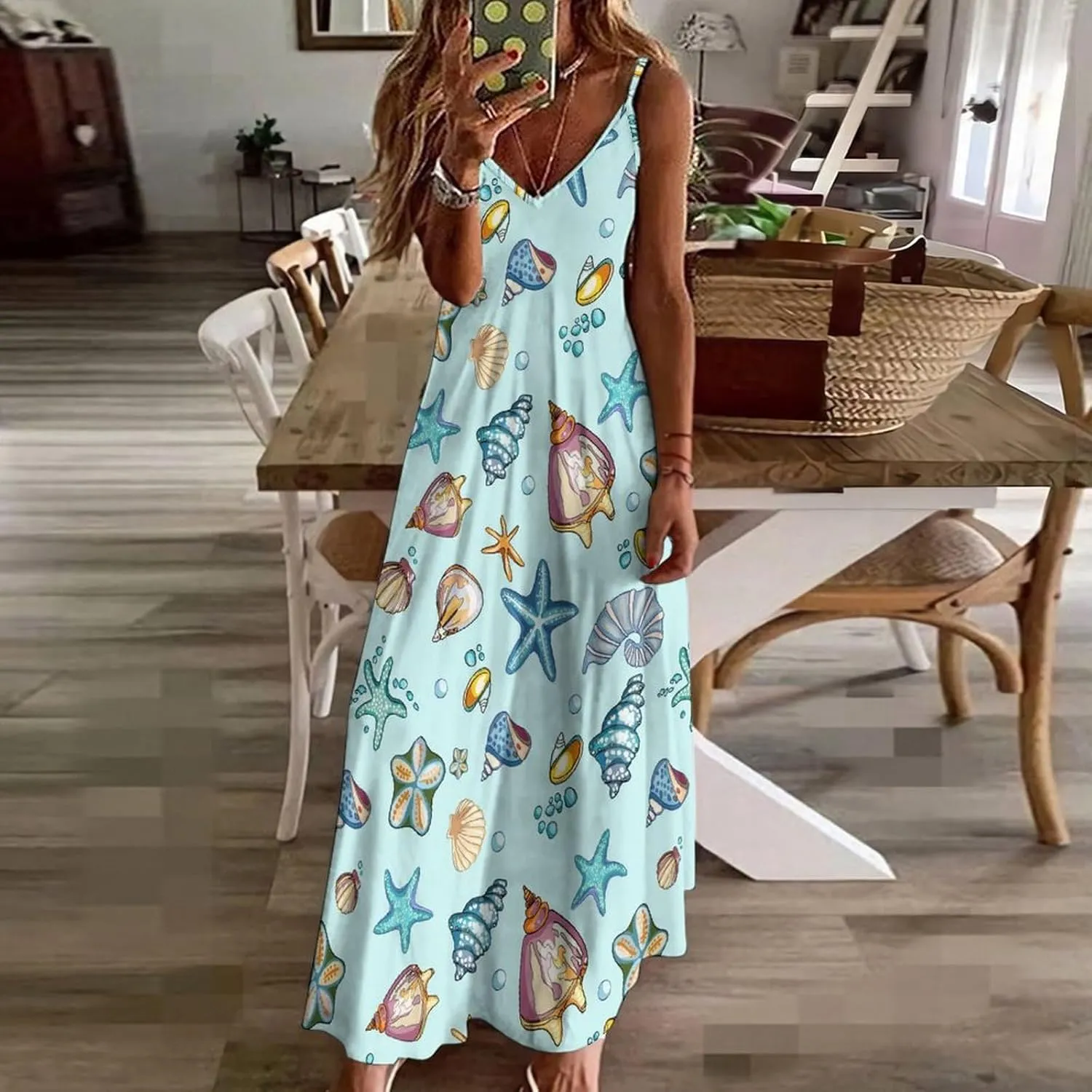 Sea Shells A Long Summer Dresses for Women 2025 Summer Maxi Dresses Flowy Spaghetti Strap Sundress