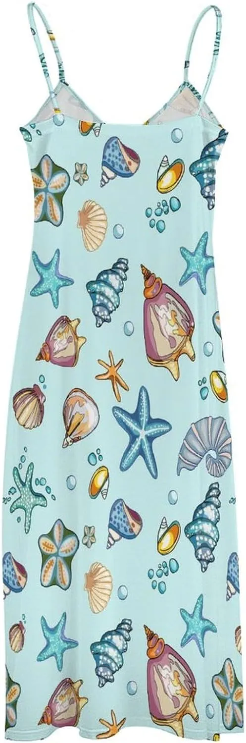 Sea Shells A Long Summer Dresses for Women 2025 Summer Maxi Dresses Flowy Spaghetti Strap Sundress