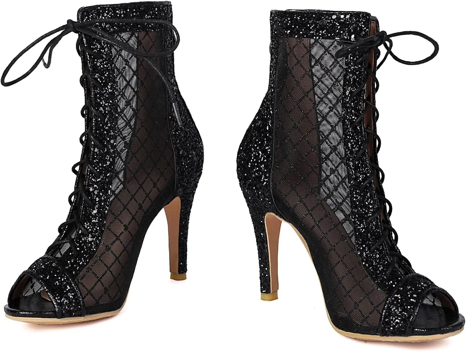 SHEMEE Women's Denim Patchwork Mesh Peep Toe High Heels Sandals Booties Lace Up Summer Open-toe Back Zipper Short Ankle Boots