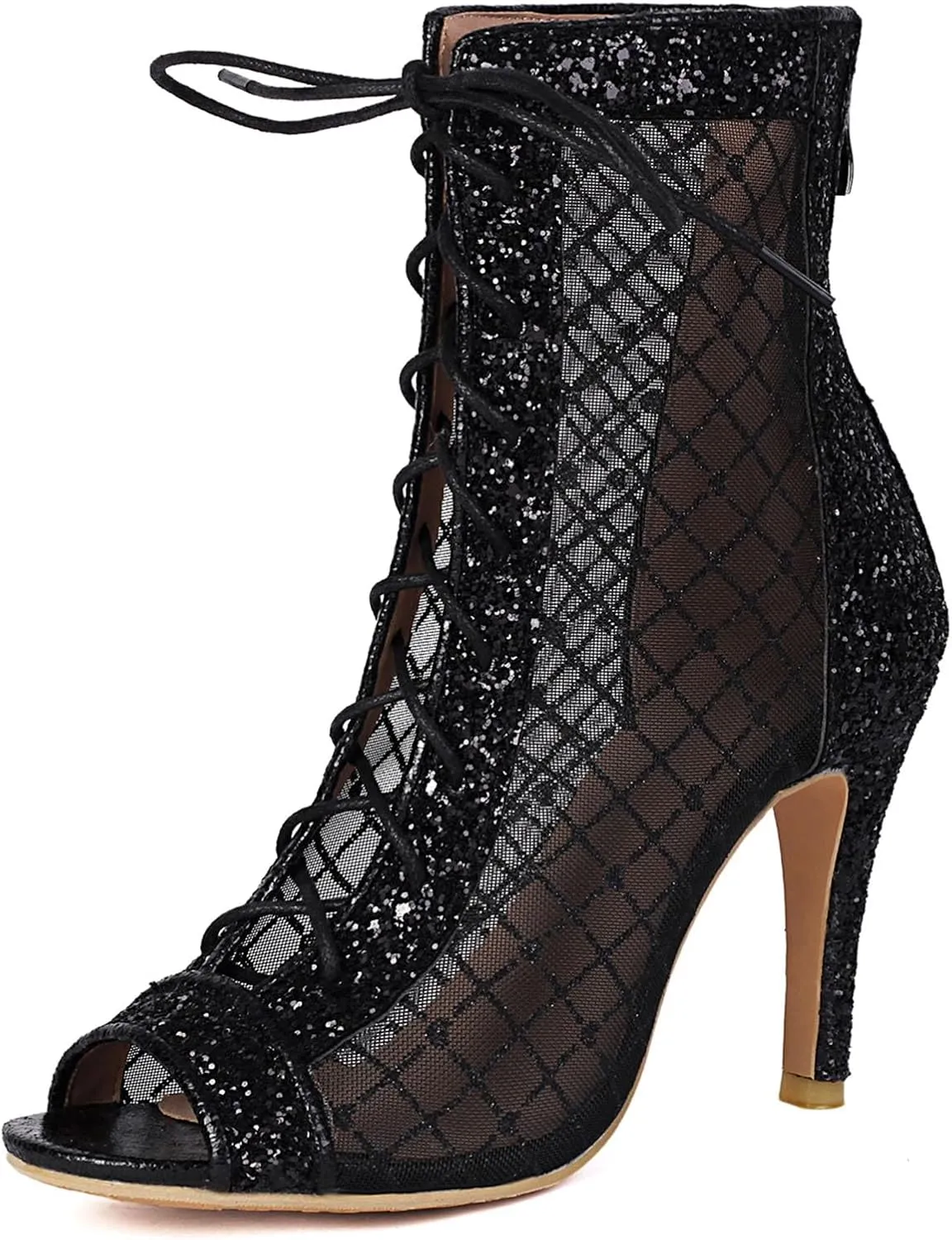 SHEMEE Women's Denim Patchwork Mesh Peep Toe High Heels Sandals Booties Lace Up Summer Open-toe Back Zipper Short Ankle Boots