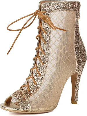 SHEMEE Women's Denim Patchwork Mesh Peep Toe High Heels Sandals Booties Lace Up Summer Open-toe Back Zipper Short Ankle Boots