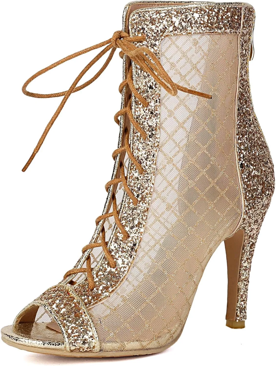 SHEMEE Women's Denim Patchwork Mesh Peep Toe High Heels Sandals Booties Lace Up Summer Open-toe Back Zipper Short Ankle Boots