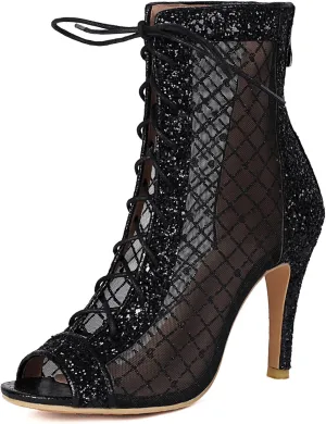 SHEMEE Women's Denim Patchwork Mesh Peep Toe High Heels Sandals Booties Lace Up Summer Open-toe Back Zipper Short Ankle Boots
