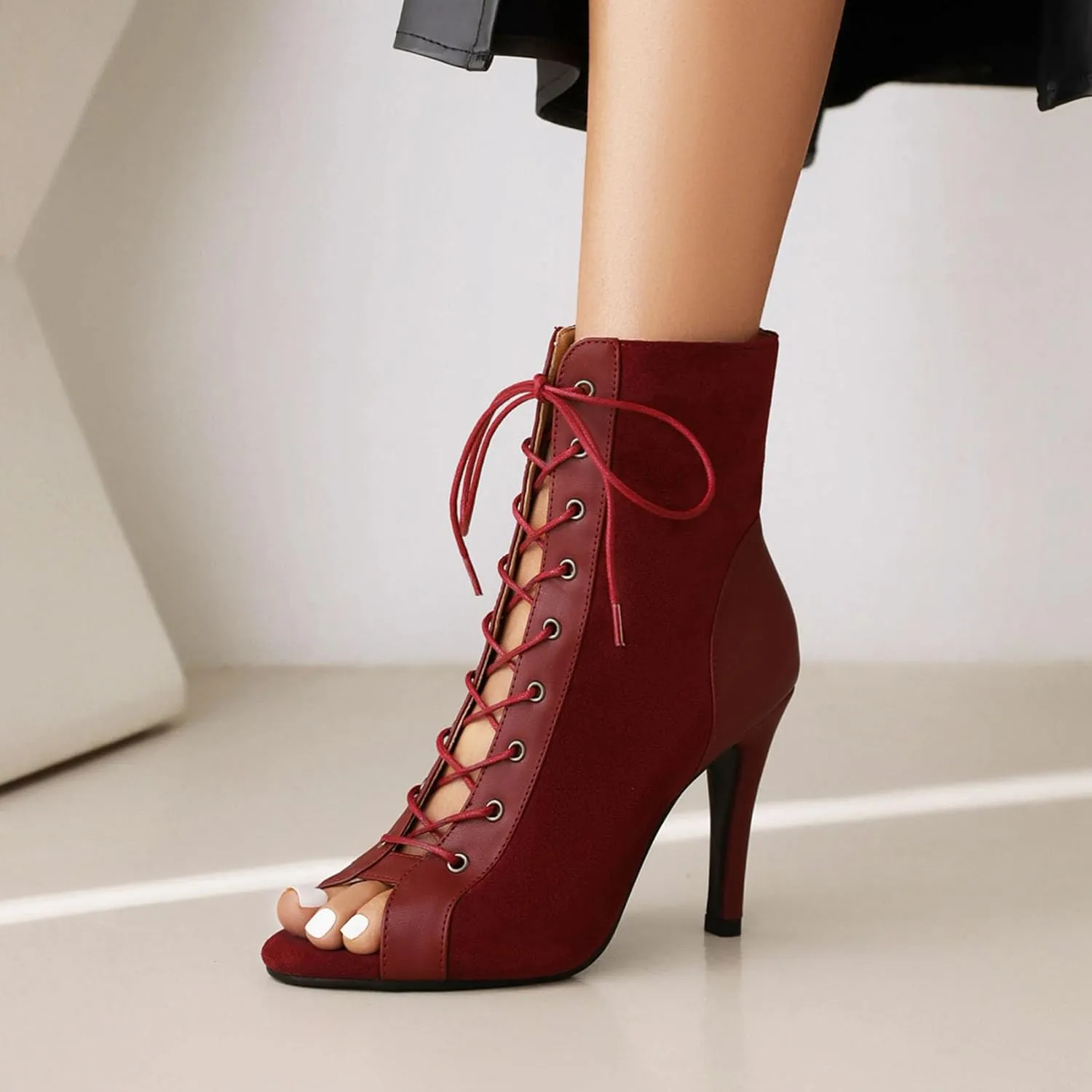SHEMEE Women's Stiletto High Heels Peep Toe Ankle Booties Fashion Heeled Sandals Zipper Summer Short Boots Lace-Up Dance Shoes