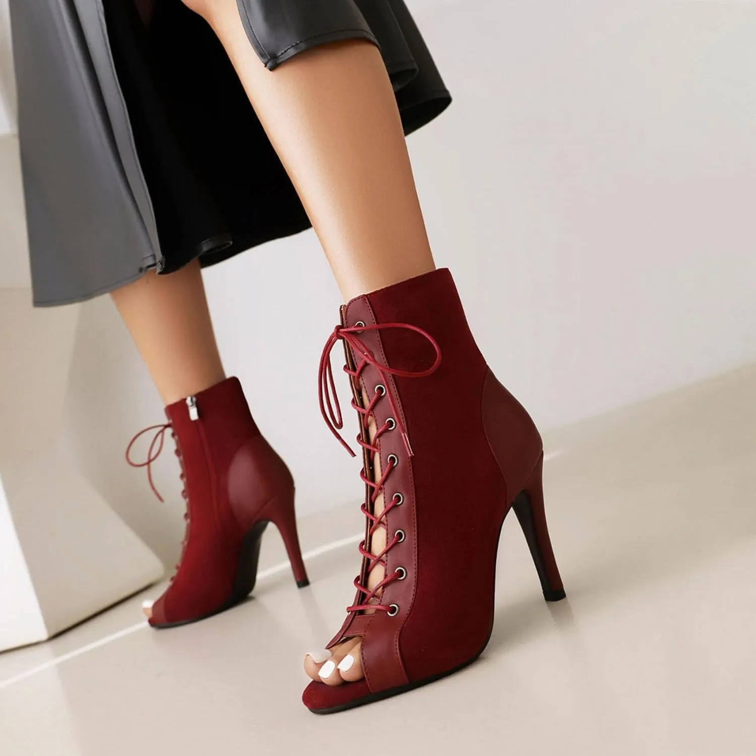SHEMEE Women's Stiletto High Heels Peep Toe Ankle Booties Fashion Heeled Sandals Zipper Summer Short Boots Lace-Up Dance Shoes