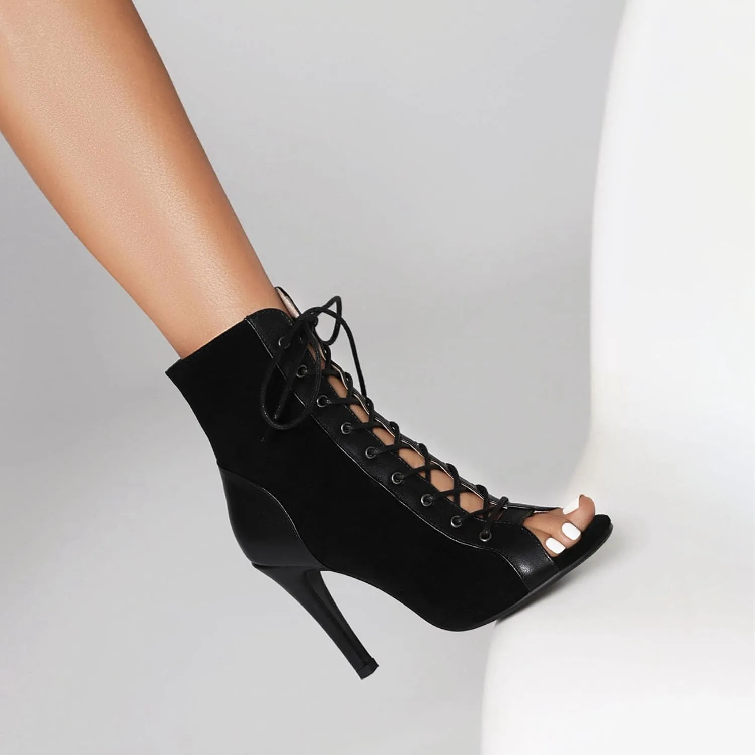 SHEMEE Women's Stiletto High Heels Peep Toe Ankle Booties Fashion Heeled Sandals Zipper Summer Short Boots Lace-Up Dance Shoes