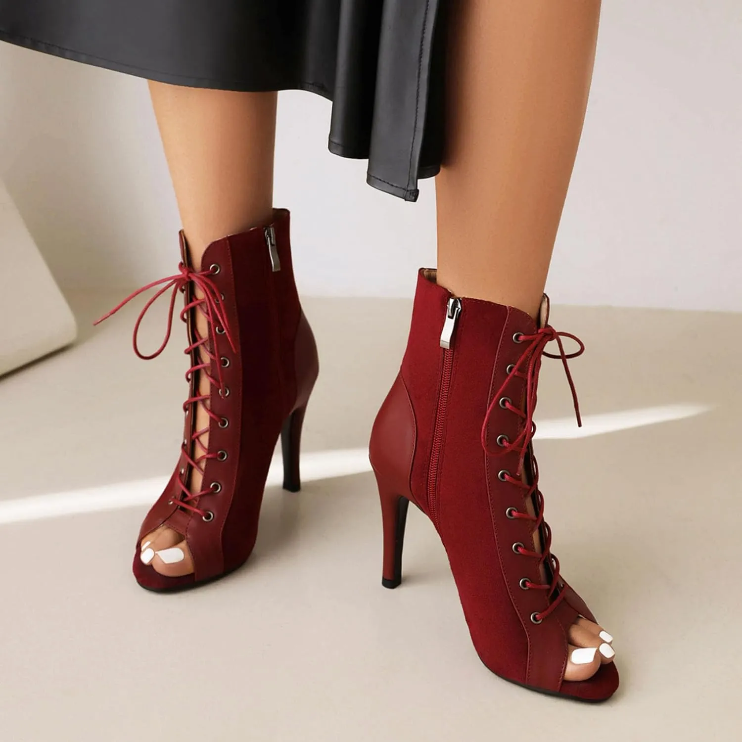 SHEMEE Women's Stiletto High Heels Peep Toe Ankle Booties Fashion Heeled Sandals Zipper Summer Short Boots Lace-Up Dance Shoes