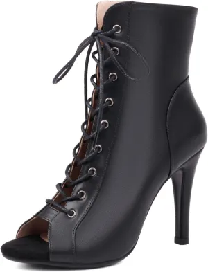 SHEMEE Women's Stiletto High Heels Peep Toe Ankle Booties Fashion Heeled Sandals Zipper Summer Short Boots Lace-Up Dance Shoes