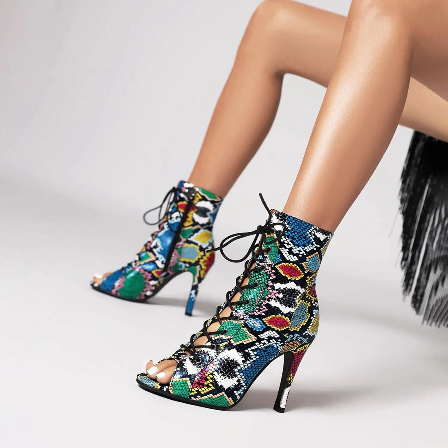 SHEMEE Women's Stiletto High Heels Peep Toe Ankle Booties Fashion Heeled Sandals Zipper Summer Short Boots Lace-Up Dance Shoes