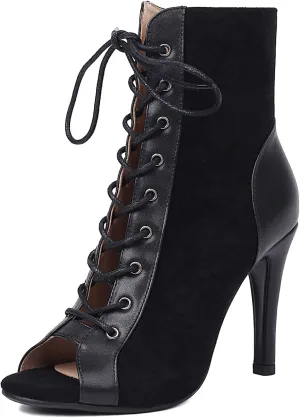 SHEMEE Women's Stiletto High Heels Peep Toe Ankle Booties Fashion Heeled Sandals Zipper Summer Short Boots Lace-Up Dance Shoes