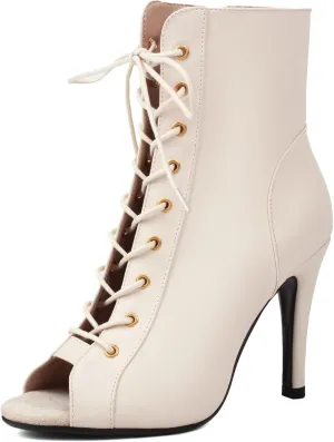 SHEMEE Women's Stiletto High Heels Peep Toe Ankle Booties Fashion Heeled Sandals Zipper Summer Short Boots Lace-Up Dance Shoes