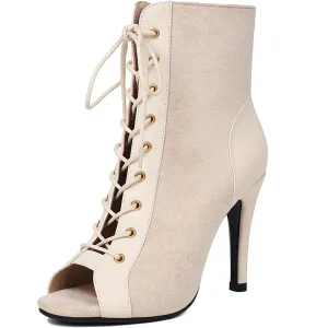 SHEMEE Women's Stiletto High Heels Peep Toe Ankle Booties Fashion Heeled Sandals Zipper Summer Short Boots Lace-Up Dance Shoes