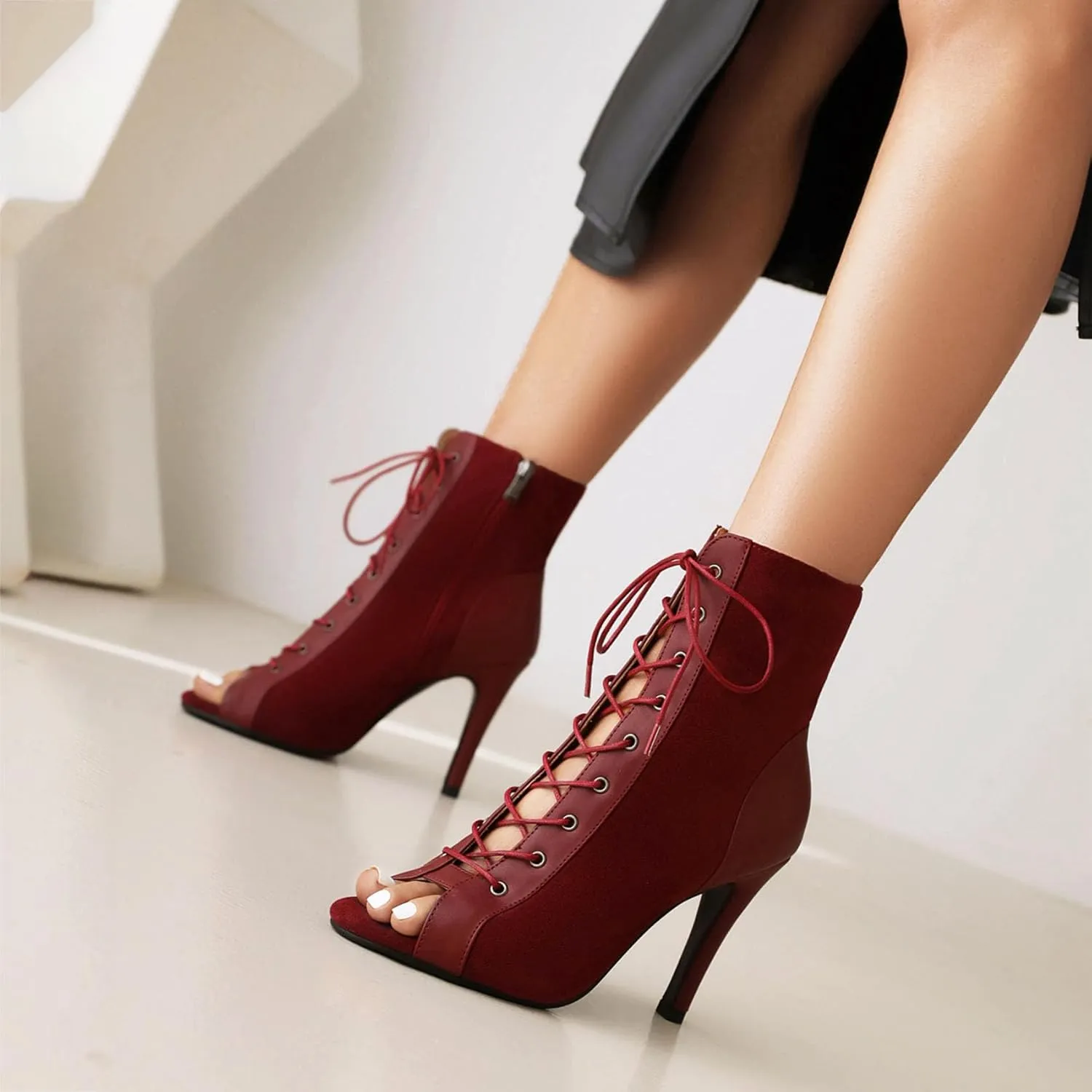 SHEMEE Women's Stiletto High Heels Peep Toe Ankle Booties Fashion Heeled Sandals Zipper Summer Short Boots Lace-Up Dance Shoes