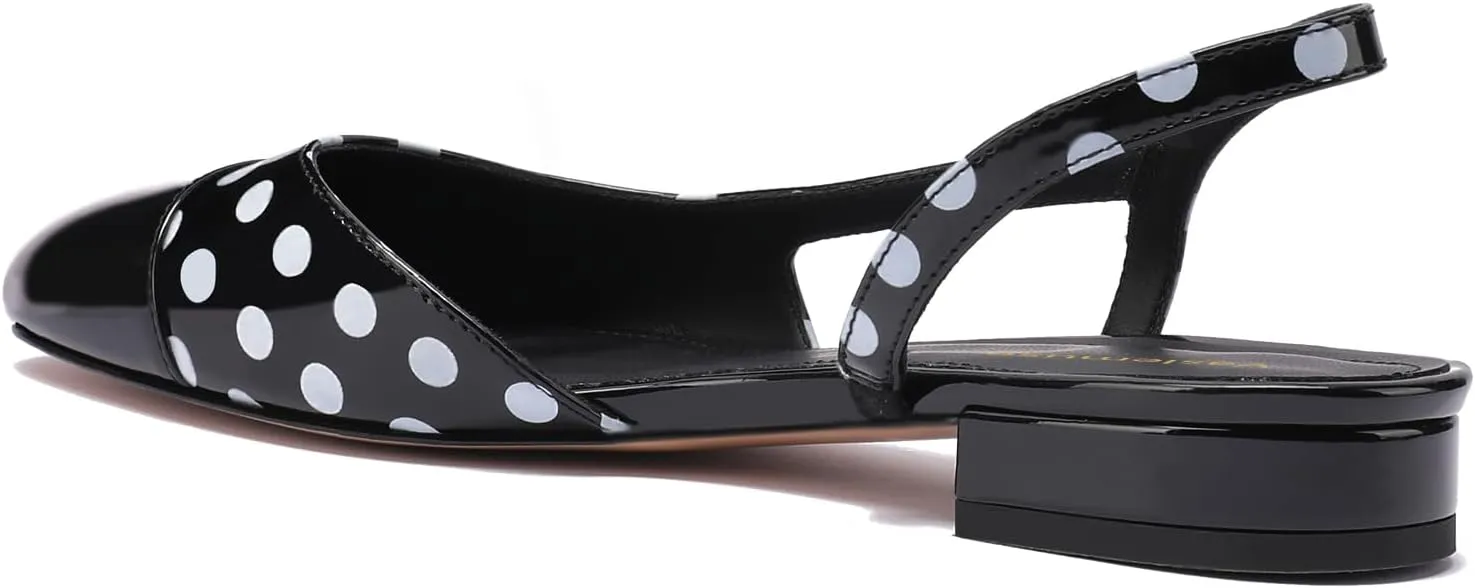 Slingback Flat Pumps for Women Polka Dot Cap Toe Block Low Heels Sandals Two Tone Dress Casual Slide Walking Shoes