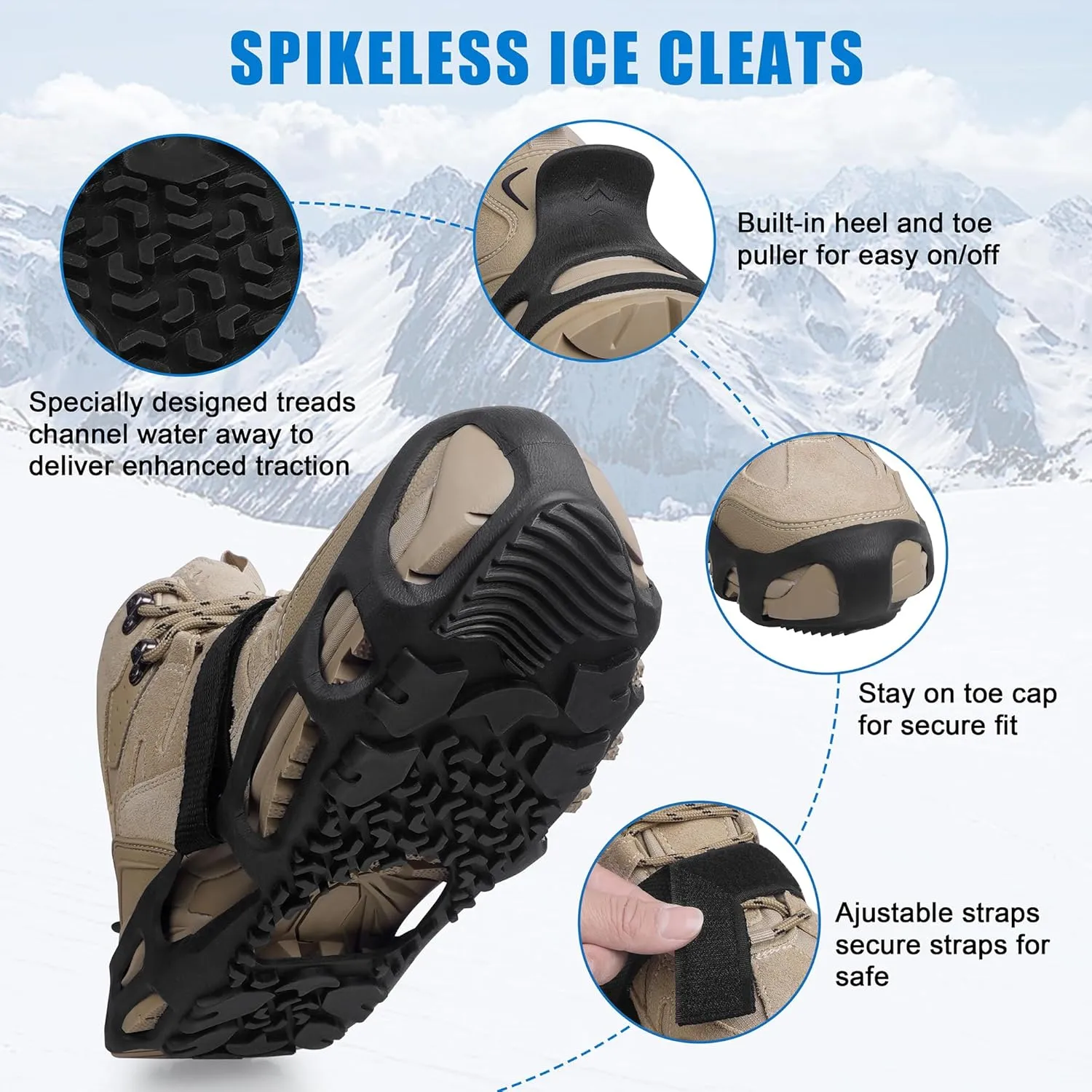 Spikeless Ice Cleats,Black Winter Grippers Perfect for Transitioning Between Outdoor&Indoor Surface Anti Slip Spikeless Crampons for Snow and Ice