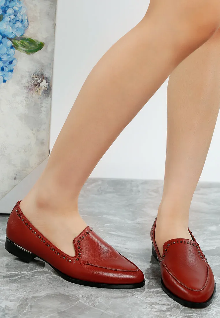 Studs Embellished Leather Loafers By Ruw