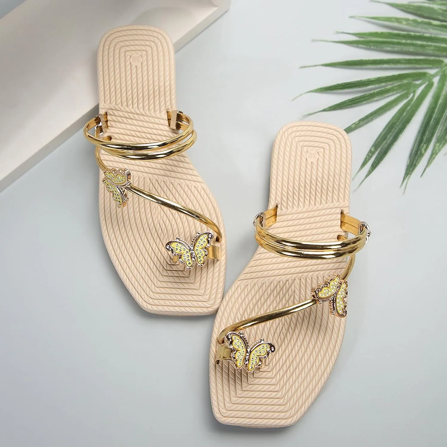 SuanlaTDS Flat Sandals for Women 2025 Summer Butterfly Toe Ring Square Open-toe Slides Slip-on Beach Flip Flops Comfortable Low Heel Dressy Party Wedding Bride Shoes Boho Outdoor Flats Sandal