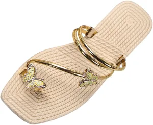 SuanlaTDS Flat Sandals for Women 2025 Summer Butterfly Toe Ring Square Open-toe Slides Slip-on Beach Flip Flops Comfortable Low Heel Dressy Party Wedding Bride Shoes Boho Outdoor Flats Sandal