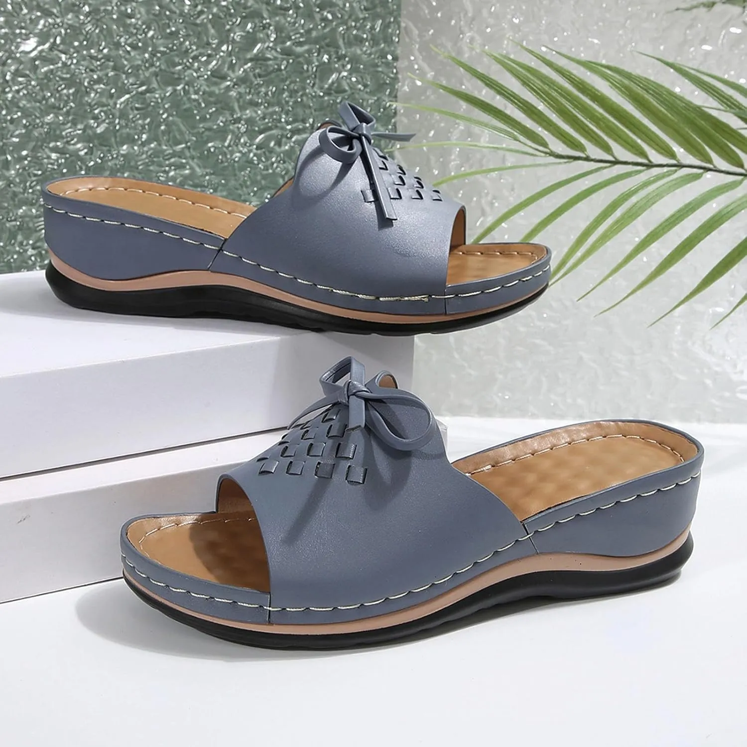 SuanlaTDS Orthopedic Sandals for Women 2025 Comfortable Summer Wedge Platform Dressy Bow Open Toe Slippers Casual Boho Slip-on Beach Outdoor Walking Shoes Low Heel Arch Support Slide Sandal