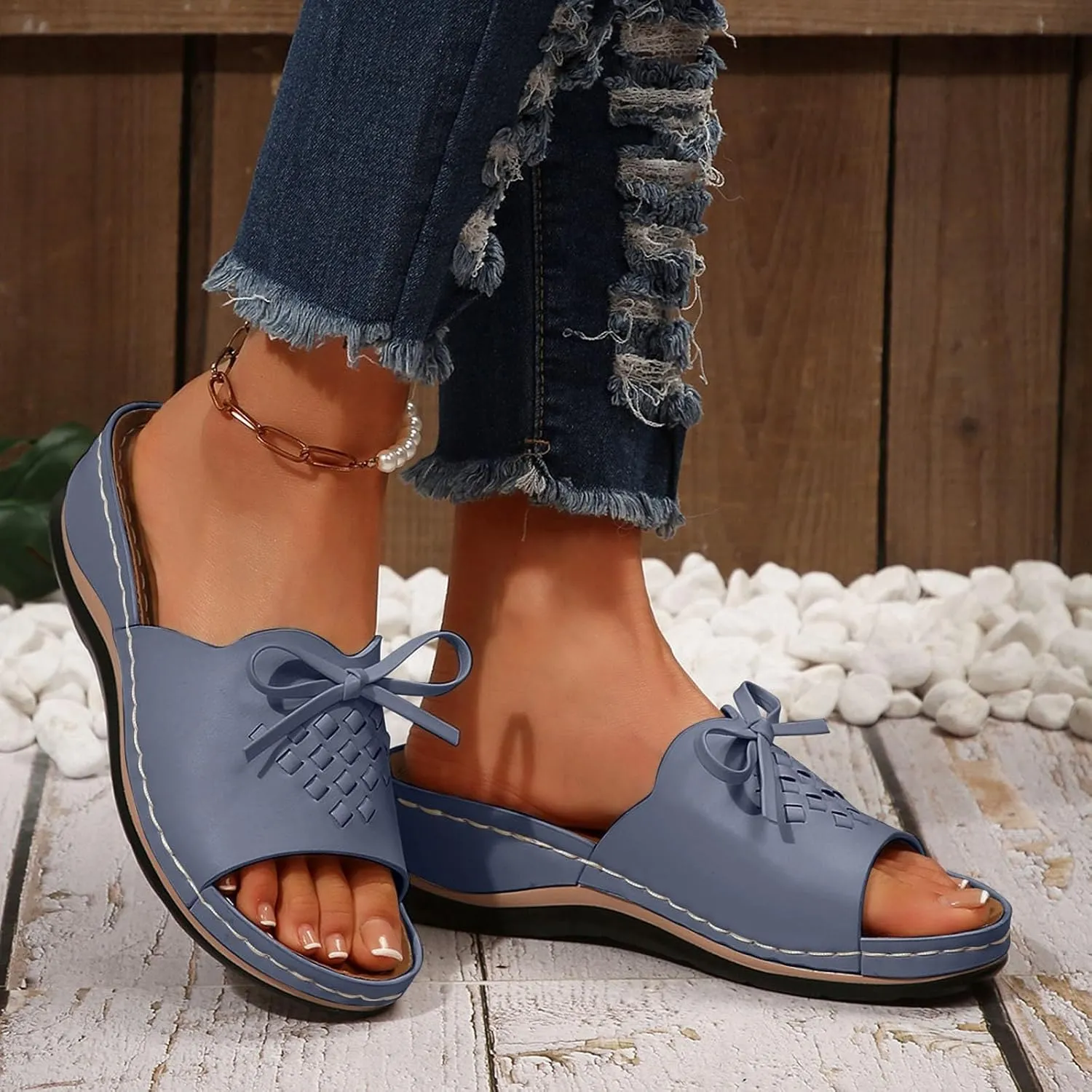 SuanlaTDS Orthopedic Sandals for Women 2025 Comfortable Summer Wedge Platform Dressy Bow Open Toe Slippers Casual Boho Slip-on Beach Outdoor Walking Shoes Low Heel Arch Support Slide Sandal