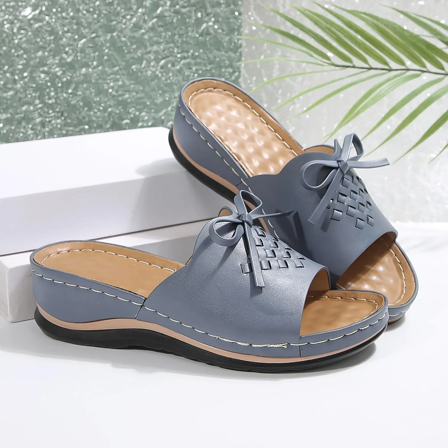 SuanlaTDS Orthopedic Sandals for Women 2025 Comfortable Summer Wedge Platform Dressy Bow Open Toe Slippers Casual Boho Slip-on Beach Outdoor Walking Shoes Low Heel Arch Support Slide Sandal