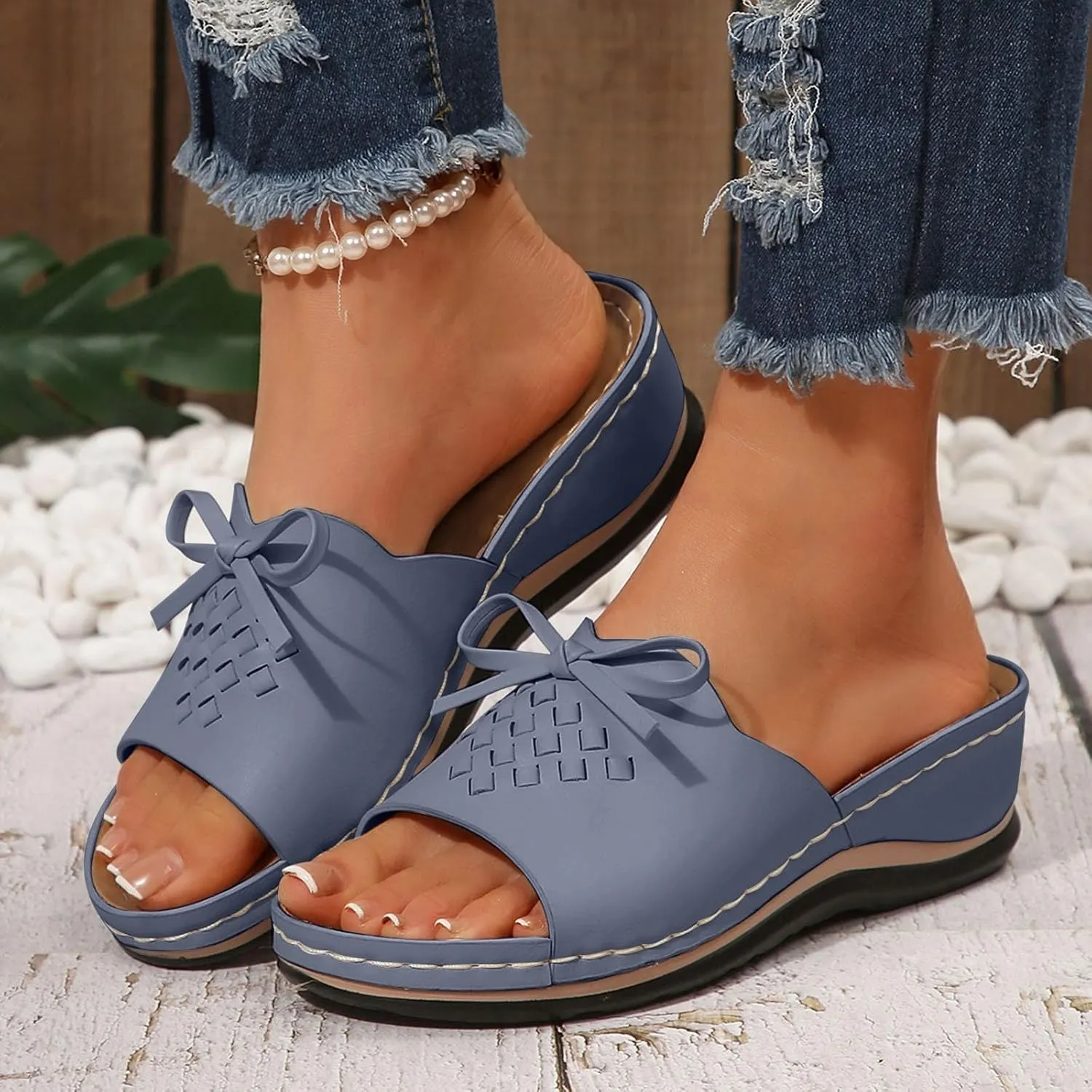 SuanlaTDS Orthopedic Sandals for Women 2025 Comfortable Summer Wedge Platform Dressy Bow Open Toe Slippers Casual Boho Slip-on Beach Outdoor Walking Shoes Low Heel Arch Support Slide Sandal