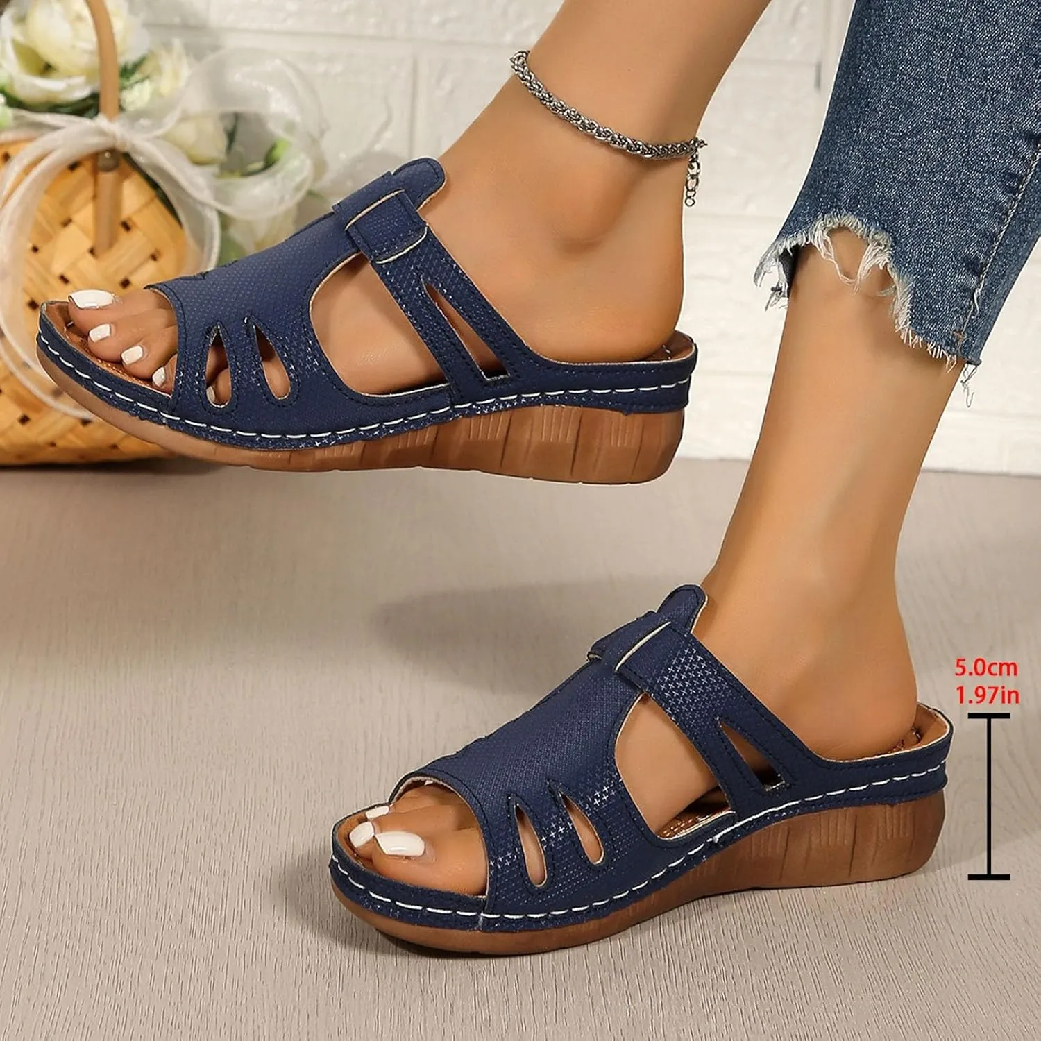 SuanlaTDS Orthopedic Sandals for Women Comfortable Low Heels Open Toe Platform Wedge Walking Shoes Summer Outdoor Dressy Casual Boho Beach Thick Cushion Flat Slip On Slide Sandals