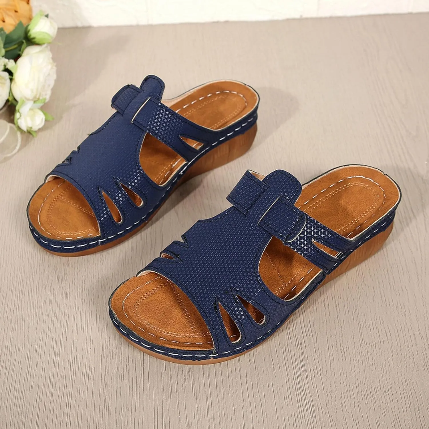 SuanlaTDS Orthopedic Sandals for Women Comfortable Low Heels Open Toe Platform Wedge Walking Shoes Summer Outdoor Dressy Casual Boho Beach Thick Cushion Flat Slip On Slide Sandals