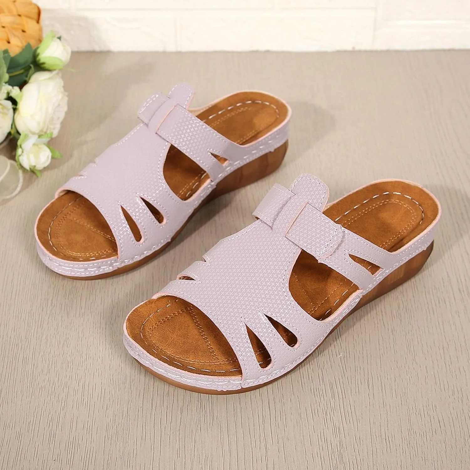SuanlaTDS Orthopedic Sandals for Women Comfortable Low Heels Open Toe Platform Wedge Walking Shoes Summer Outdoor Dressy Casual Boho Beach Thick Cushion Flat Slip On Slide Sandals