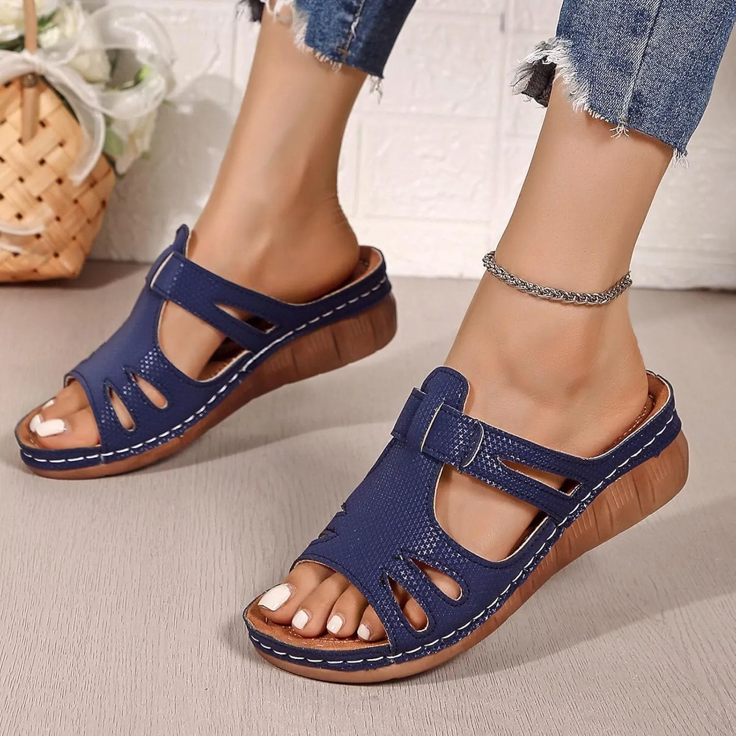 SuanlaTDS Orthopedic Sandals for Women Comfortable Low Heels Open Toe Platform Wedge Walking Shoes Summer Outdoor Dressy Casual Boho Beach Thick Cushion Flat Slip On Slide Sandals