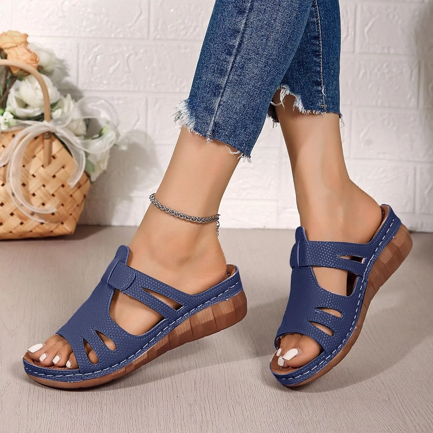 SuanlaTDS Orthopedic Sandals for Women Comfortable Low Heels Open Toe Platform Wedge Walking Shoes Summer Outdoor Dressy Casual Boho Beach Thick Cushion Flat Slip On Slide Sandals