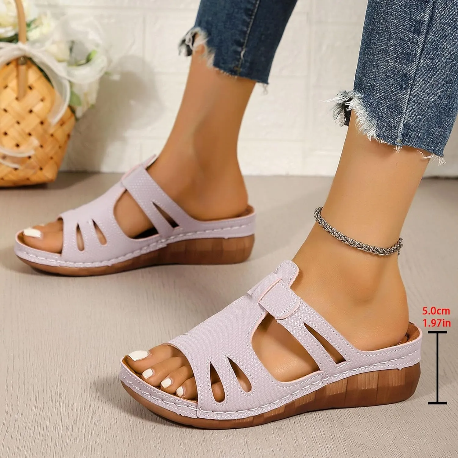 SuanlaTDS Orthopedic Sandals for Women Comfortable Low Heels Open Toe Platform Wedge Walking Shoes Summer Outdoor Dressy Casual Boho Beach Thick Cushion Flat Slip On Slide Sandals