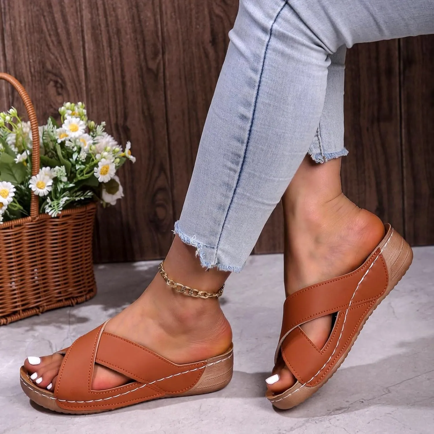 SuanlaTDS Orthopedic Sandals for Women Comfortable Wedge 2025 Dressy Summer Crisscross Open Toe Flat Low Heel Slip-on Slippers Casual Boho Beach Outdoor Walking Shoes with Arch Support