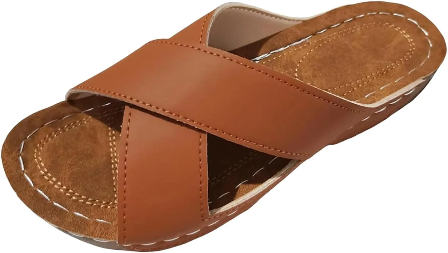 SuanlaTDS Orthopedic Sandals for Women Comfortable Wedge 2025 Dressy Summer Crisscross Open Toe Flat Low Heel Slip-on Slippers Casual Boho Beach Outdoor Walking Shoes with Arch Support