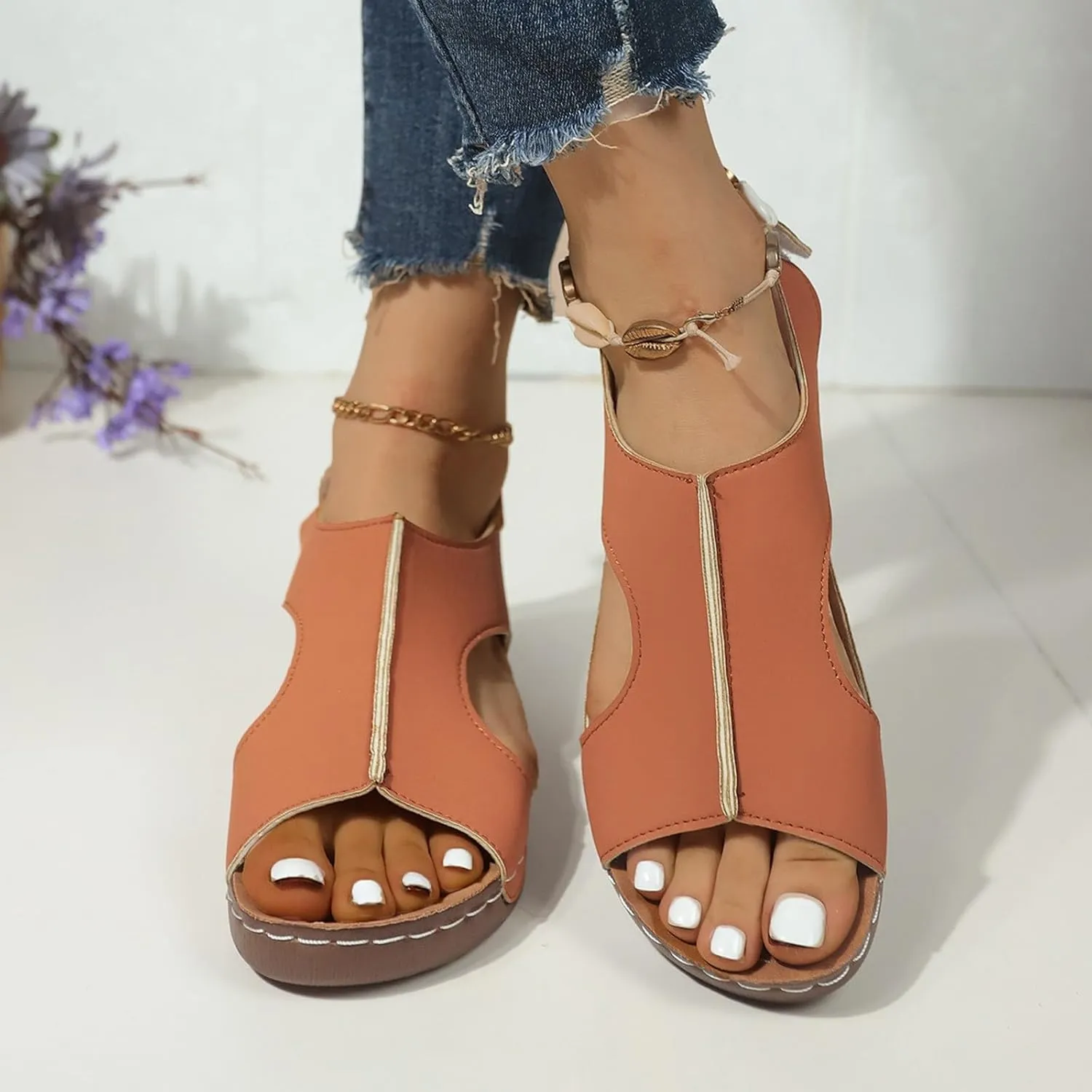 SuanlaTDS Orthopedic Wedge Sandals for Women 2025 Dressy Summer Platform Comfortable Aech Support Open Toe Boho Outdoor Walking Shoes Beach Casual Hook Loop Ankle Strap Low Heels Sandals