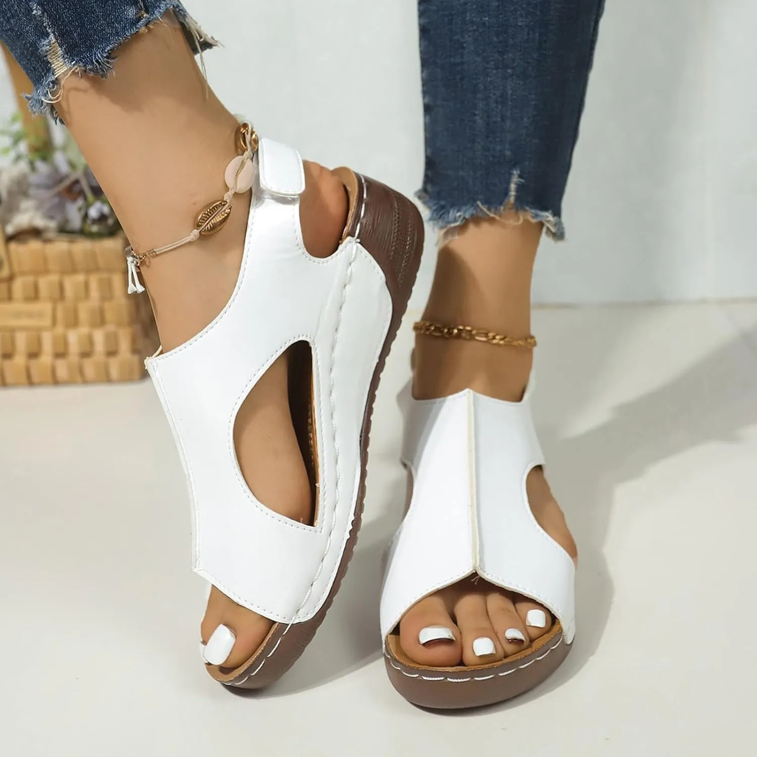 SuanlaTDS Orthopedic Wedge Sandals for Women 2025 Dressy Summer Platform Comfortable Aech Support Open Toe Boho Outdoor Walking Shoes Beach Casual Hook Loop Ankle Strap Low Heels Sandals