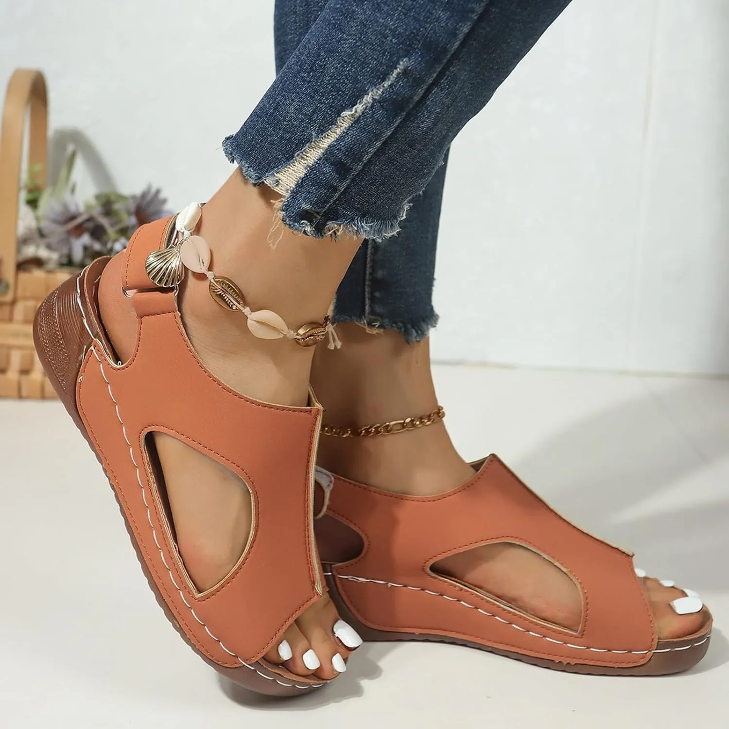 SuanlaTDS Orthopedic Wedge Sandals for Women 2025 Dressy Summer Platform Comfortable Aech Support Open Toe Boho Outdoor Walking Shoes Beach Casual Hook Loop Ankle Strap Low Heels Sandals