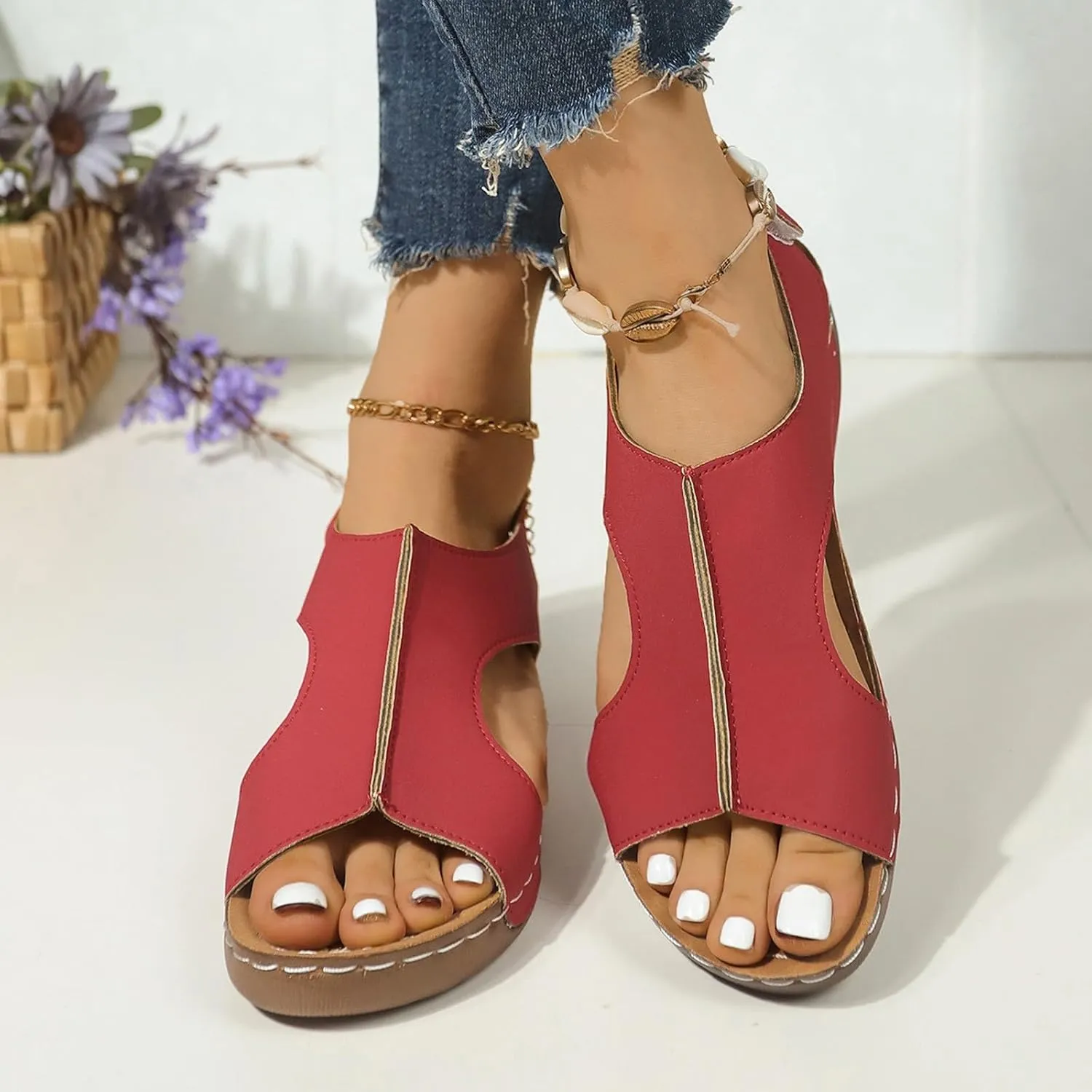SuanlaTDS Orthopedic Wedge Sandals for Women 2025 Dressy Summer Platform Comfortable Aech Support Open Toe Boho Outdoor Walking Shoes Beach Casual Hook Loop Ankle Strap Low Heels Sandals